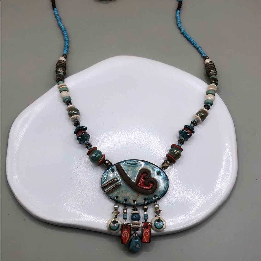 Vintage artisan handmade ceramic heart beaded necklace romantic whimsy boho.